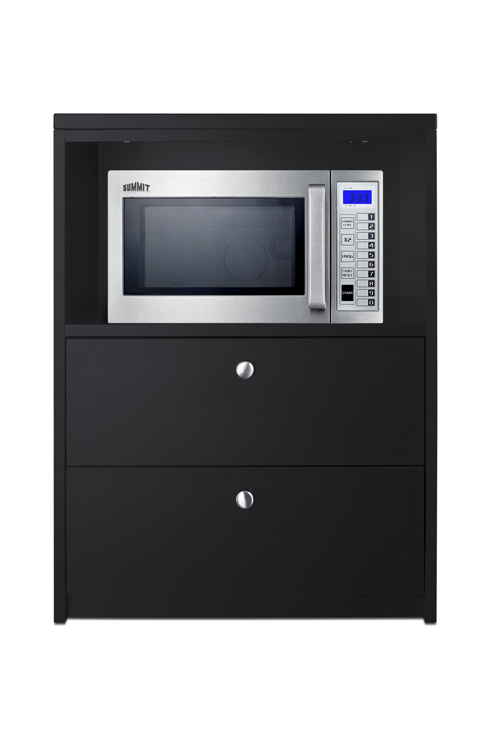 Fully assembled casework cabinet with two storage drawers in ADA compliant height and black finish designed to accept compact microwaves